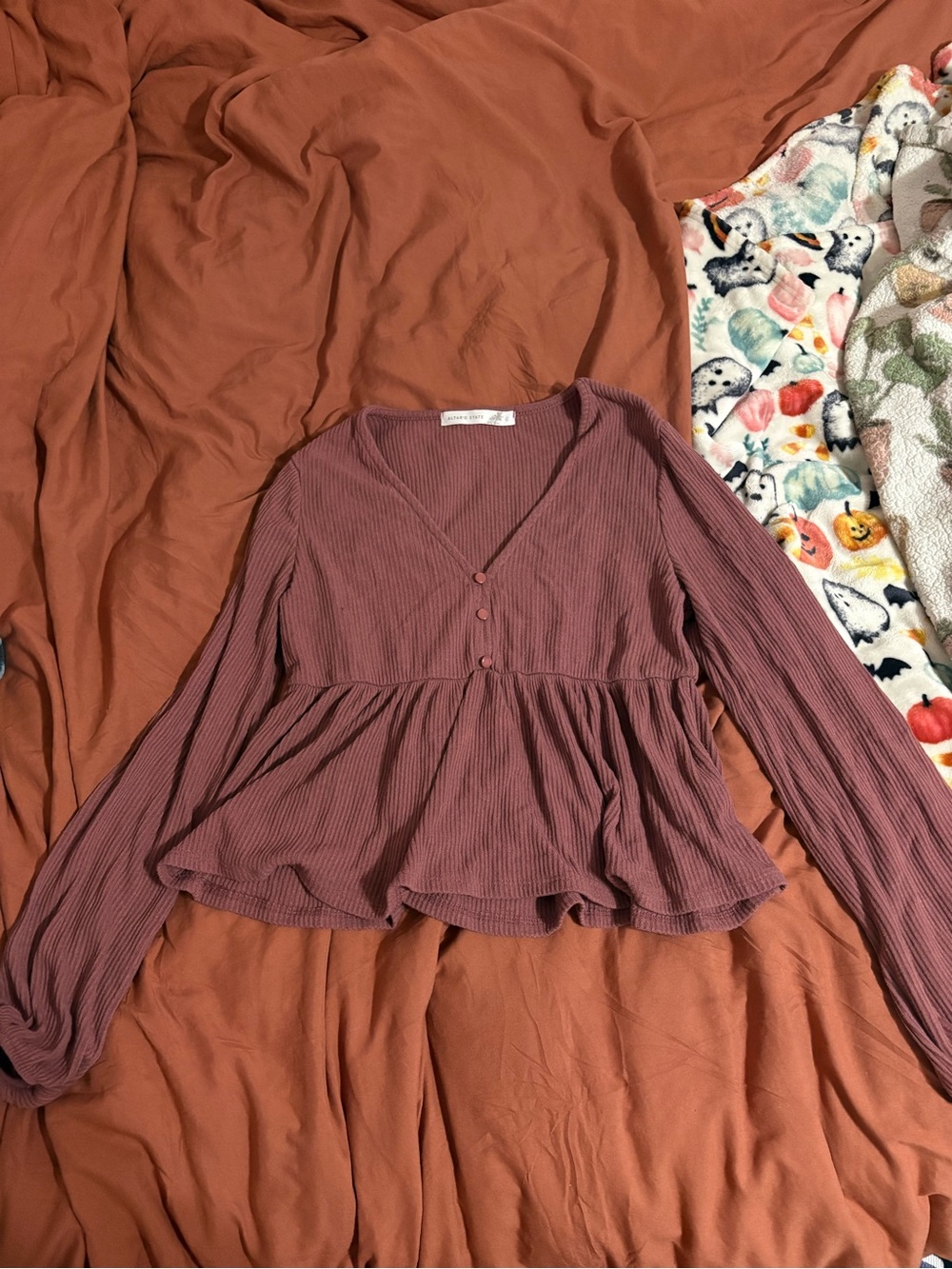 Altar'd State Mauve Ribbed V-Neck Peplum Top